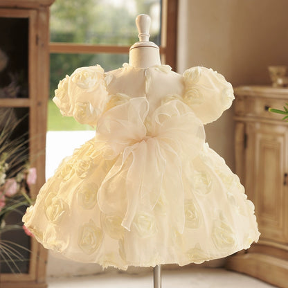 Princess Champagne Organza Back Zip Baptism Flower(s) Tea Length Short Sleeve Puff Sleeve Round Flower Girl Dress