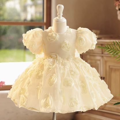 Princess Champagne Organza Back Zip Baptism Flower(s) Tea Length Short Sleeve Puff Sleeve Round Flower Girl Dress