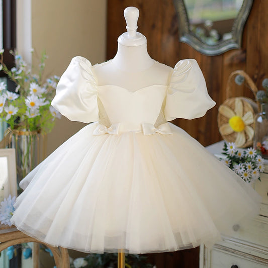 Princess Champagne Satin Back Zip Baptism Beaded Tea Length Short Sleeve Puff Sleeve Round Flower Girl Dress