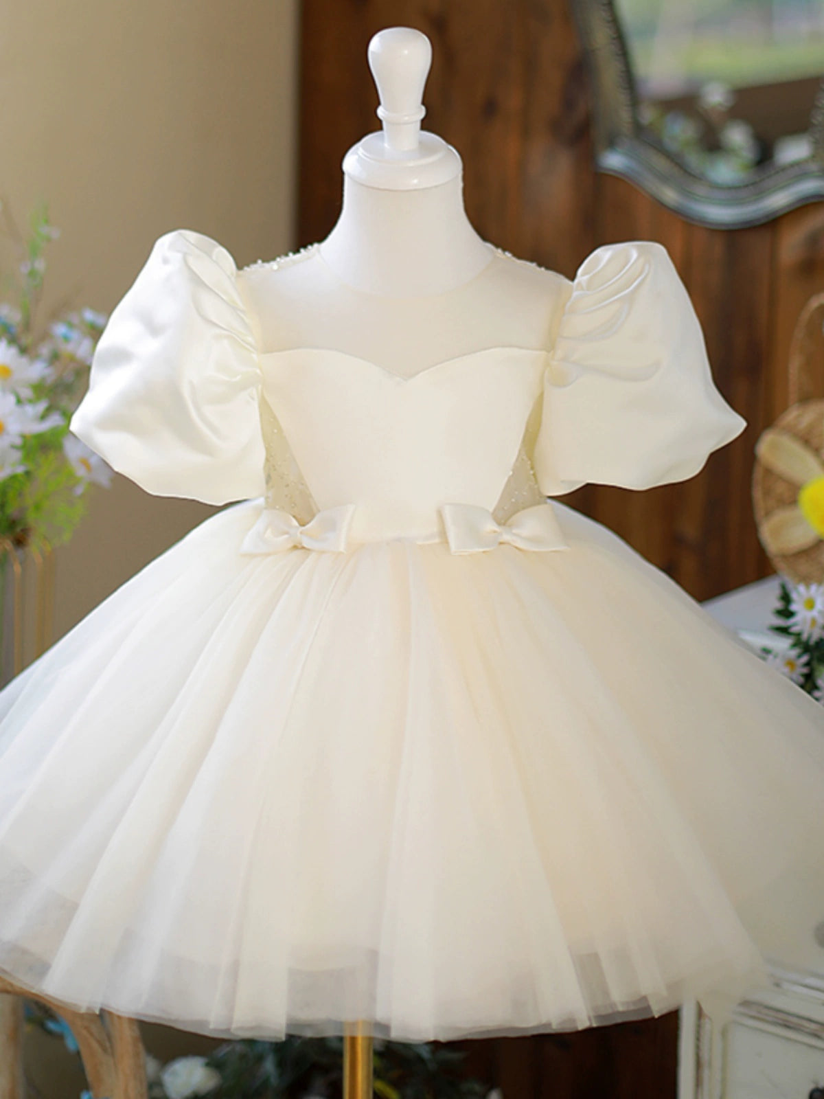 Princess Champagne Satin Back Zip Baptism Beaded Tea Length Short Sleeve Puff Sleeve Round Flower Girl Dress