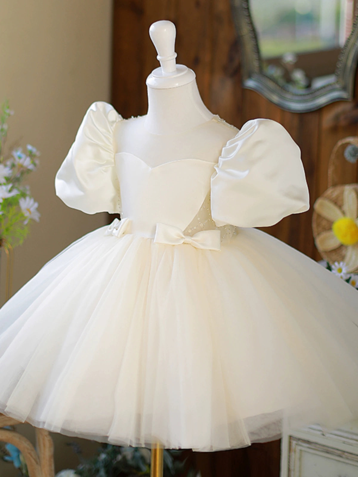 Princess Champagne Satin Back Zip Baptism Beaded Tea Length Short Sleeve Puff Sleeve Round Flower Girl Dress