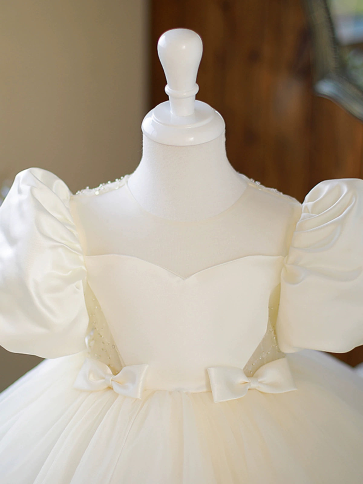 Princess Champagne Satin Back Zip Baptism Beaded Tea Length Short Sleeve Puff Sleeve Round Flower Girl Dress