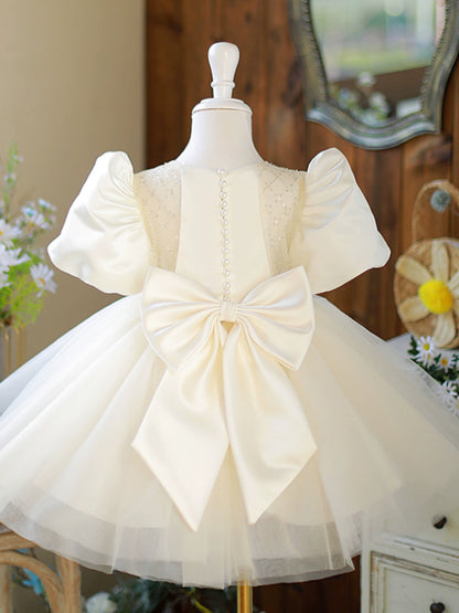 Princess Champagne Satin Back Zip Baptism Beaded Tea Length Short Sleeve Puff Sleeve Round Flower Girl Dress