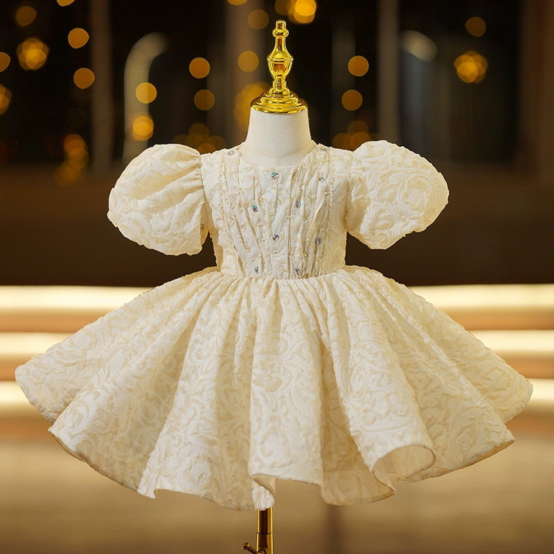 Princess Champagne Satin Back Zip Baptism Beaded Tea Length Short Sleeve Puff Sleeve Round Flower Girl Dress