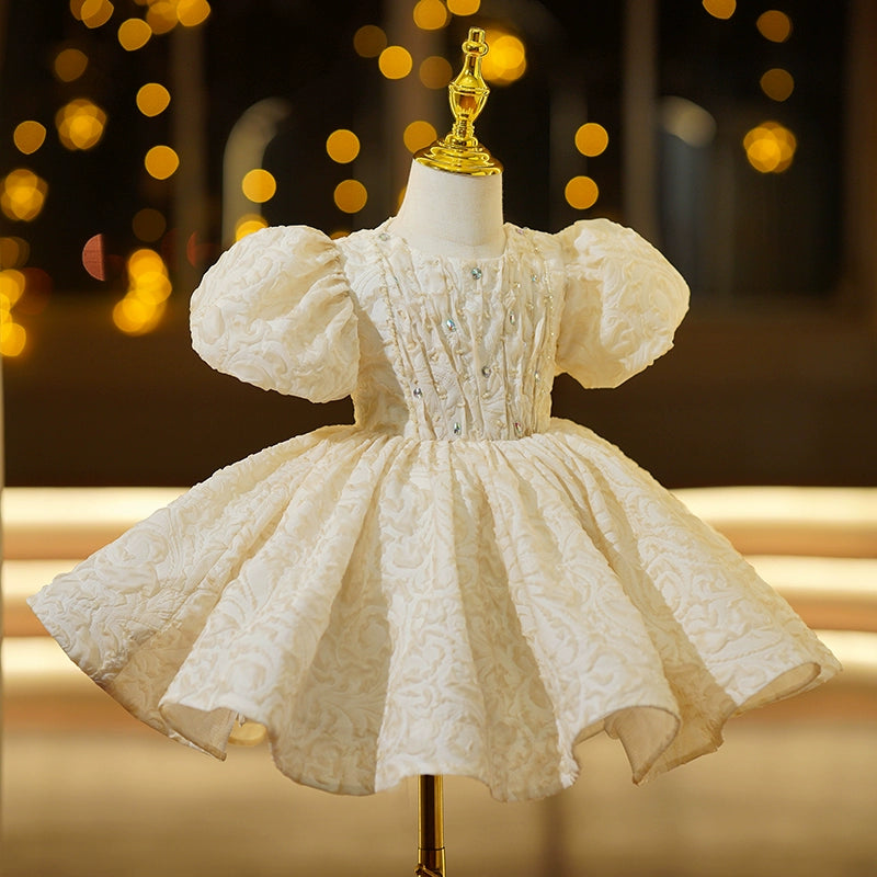 Princess Champagne Satin Back Zip Baptism Beaded Tea Length Short Sleeve Puff Sleeve Round Flower Girl Dress