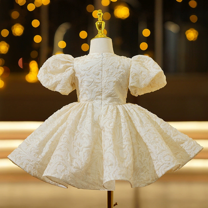 Princess Champagne Satin Back Zip Baptism Beaded Tea Length Short Sleeve Puff Sleeve Round Flower Girl Dress