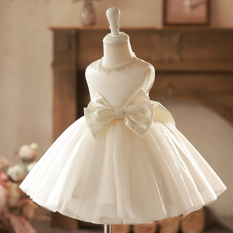 Princess Champagne Satin Back Zip Baptism Beaded Tea Length Sleeveless Jewel Neck Flower Girl Dress