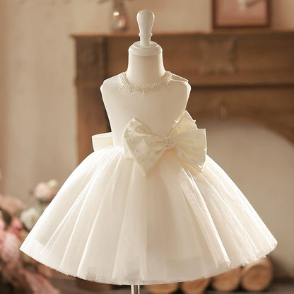 Princess Champagne Satin Back Zip Baptism Beaded Tea Length Sleeveless Jewel Neck Flower Girl Dress