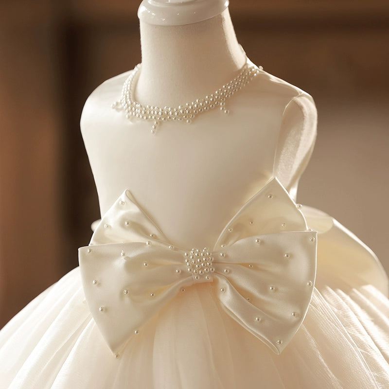 Princess Champagne Satin Back Zip Baptism Beaded Tea Length Sleeveless Jewel Neck Flower Girl Dress