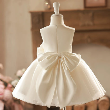 Princess Champagne Satin Back Zip Baptism Beaded Tea Length Sleeveless Jewel Neck Flower Girl Dress