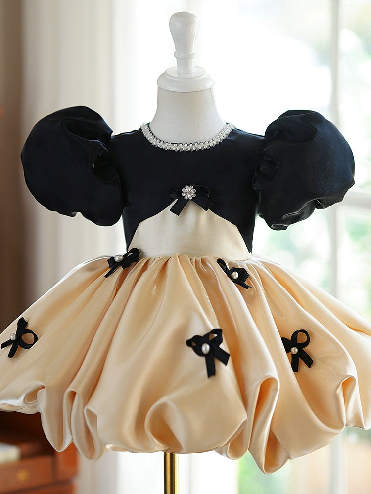 Princess Champagne Satin Back Zip Baptism Bow(s) Tea Length Short Sleeve Puff Sleeve Round Flower Girl Dress