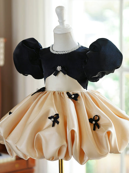 Princess Champagne Satin Back Zip Baptism Bow(s) Tea Length Short Sleeve Puff Sleeve Round Flower Girl Dress