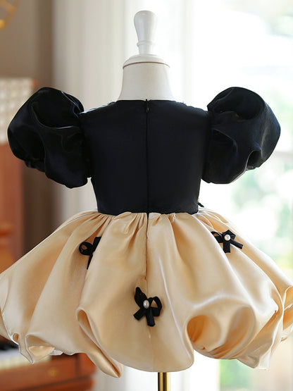 Princess Champagne Satin Back Zip Baptism Bow(s) Tea Length Short Sleeve Puff Sleeve Round Flower Girl Dress