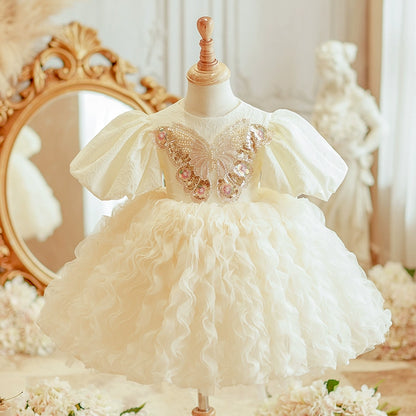 Princess Champagne Satin Back Zip Baptism Sequins Tea Length Short Sleeve Puff Sleeve Round Flower Girl Dress