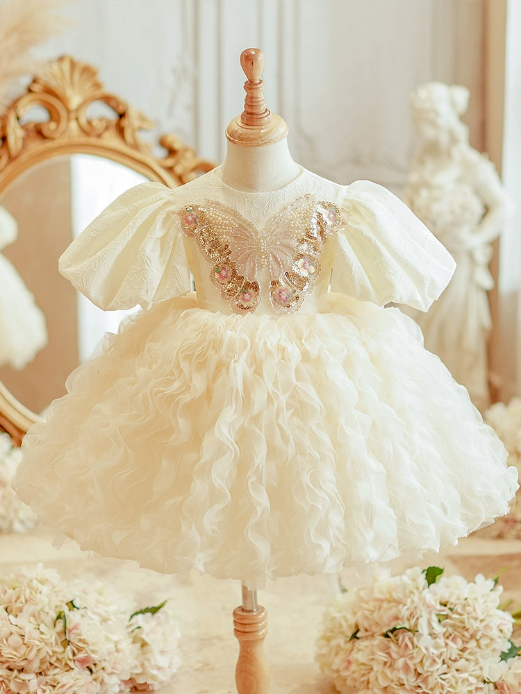 Princess Champagne Satin Back Zip Baptism Sequins Tea Length Short Sleeve Puff Sleeve Round Flower Girl Dress