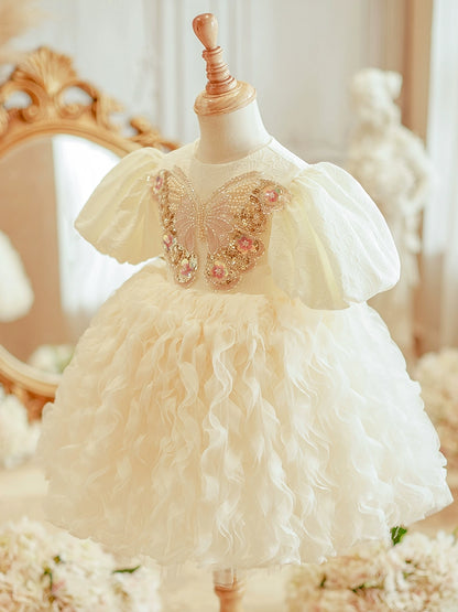 Princess Champagne Satin Back Zip Baptism Sequins Tea Length Short Sleeve Puff Sleeve Round Flower Girl Dress