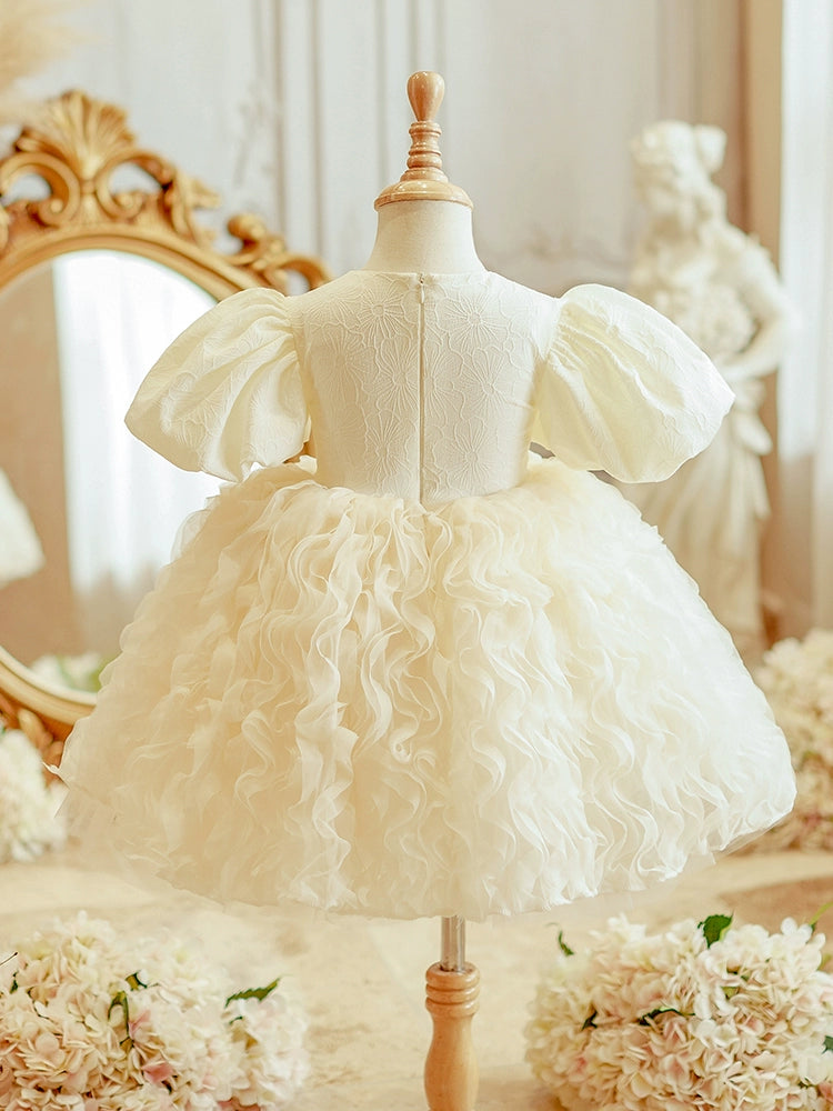 Princess Champagne Satin Back Zip Baptism Sequins Tea Length Short Sleeve Puff Sleeve Round Flower Girl Dress