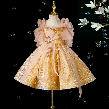 Princess Champagne Sequined Back Zip Baptism Bow(s) Tea Length Sleeveless Cold Shoulder Sleeve Square Flower Girl Dress