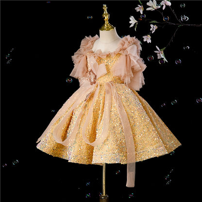 Princess Champagne Sequined Back Zip Baptism Bow(s) Tea Length Sleeveless Cold Shoulder Sleeve Square Flower Girl Dress