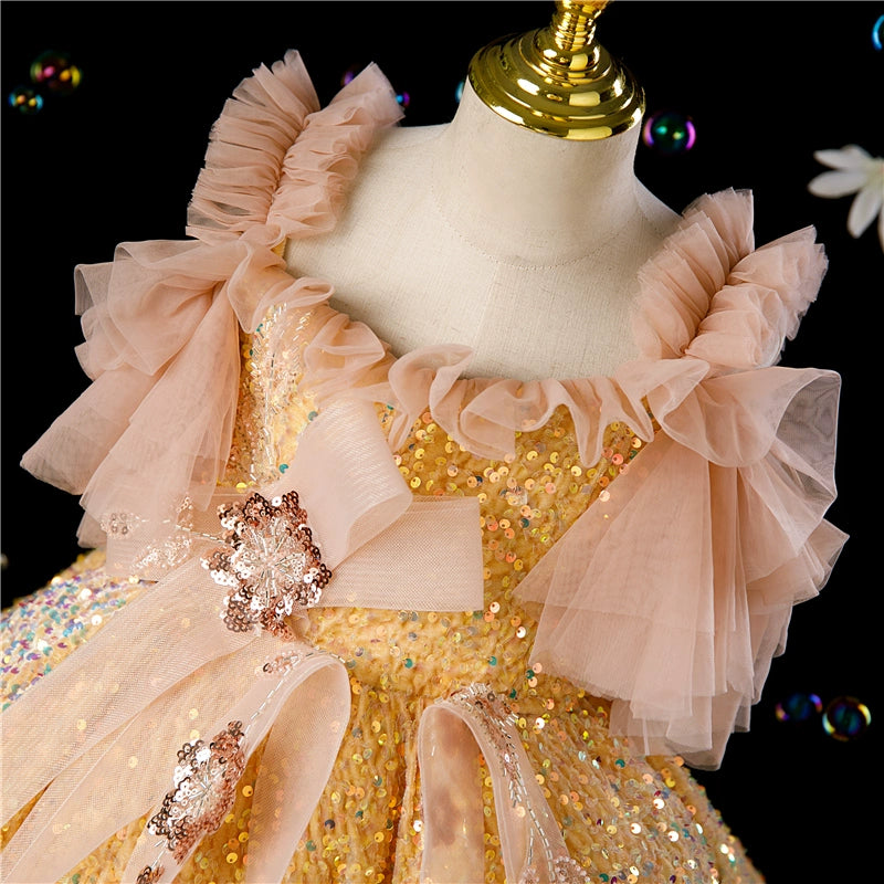 Princess Champagne Sequined Back Zip Baptism Bow(s) Tea Length Sleeveless Cold Shoulder Sleeve Square Flower Girl Dress