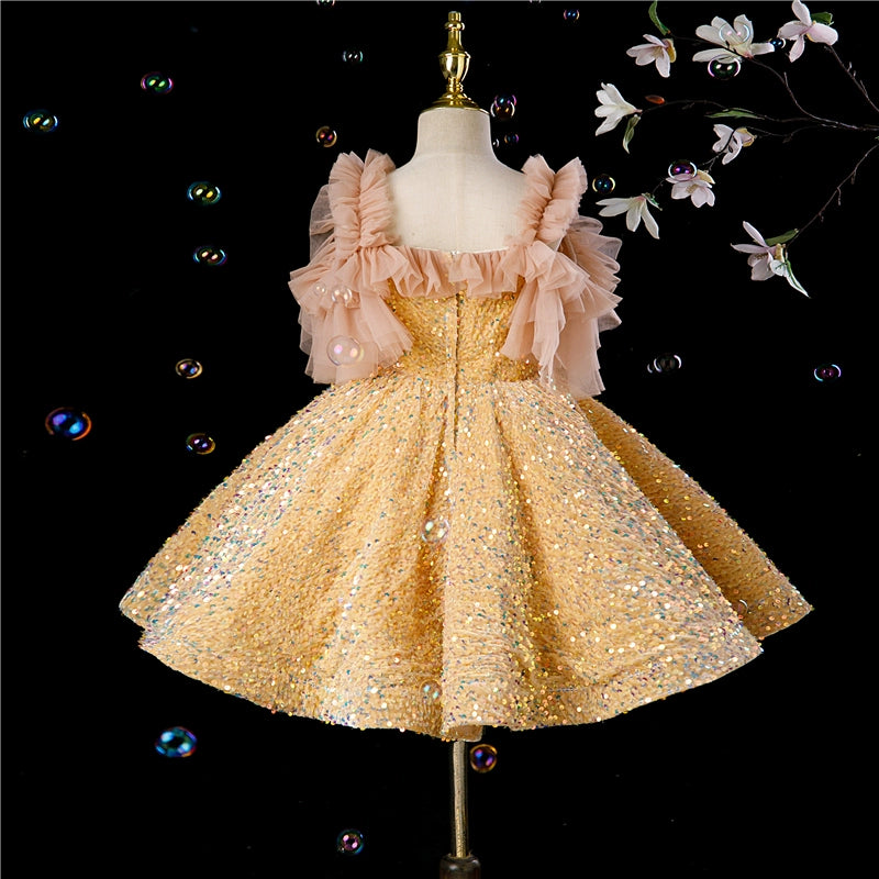 Princess Champagne Sequined Back Zip Baptism Bow(s) Tea Length Sleeveless Cold Shoulder Sleeve Square Flower Girl Dress