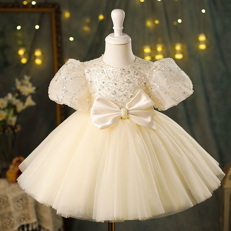 Princess Champagne Tulle Back Zip Baptism Cascading Ruffles Tea Length Short Sleeve Puff Sleeve Round Flower Girl Dress