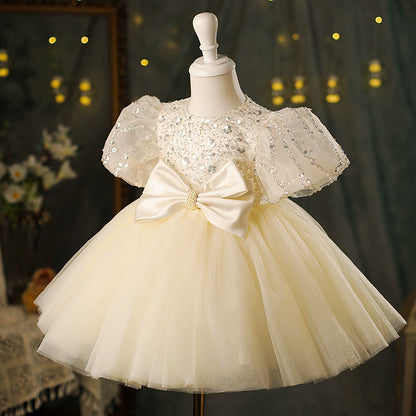 Princess Champagne Tulle Back Zip Baptism Cascading Ruffles Tea Length Short Sleeve Puff Sleeve Round Flower Girl Dress