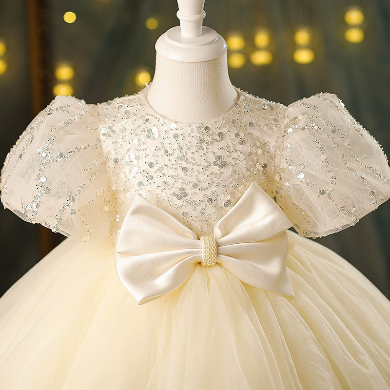 Princess Champagne Tulle Back Zip Baptism Cascading Ruffles Tea Length Short Sleeve Puff Sleeve Round Flower Girl Dress