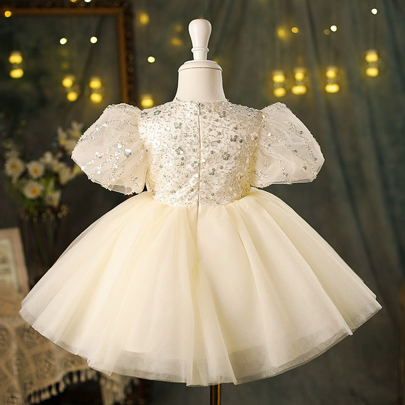 Princess Champagne Tulle Back Zip Baptism Cascading Ruffles Tea Length Short Sleeve Puff Sleeve Round Flower Girl Dress