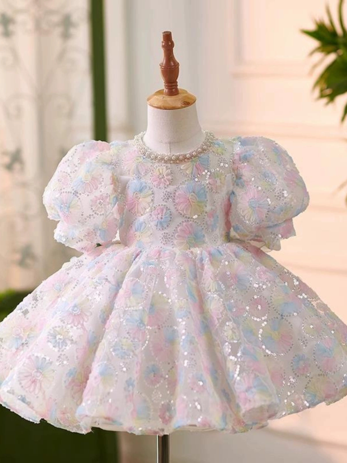 Princess Colorful Sequined Back Zip Baptism Sequins Tea Length Short Sleeve Puff Sleeve Jewel Neck Flower Girl Dress