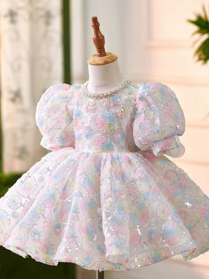 Princess Colorful Sequined Back Zip Baptism Sequins Tea Length Short Sleeve Puff Sleeve Jewel Neck Flower Girl Dress