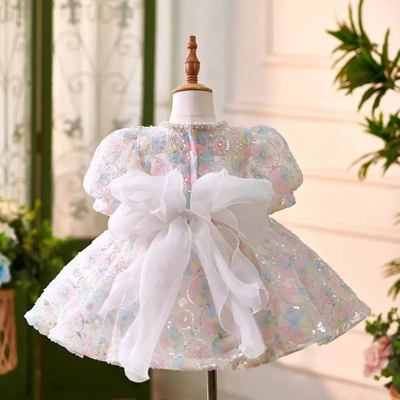 Princess Colorful Sequined Back Zip Baptism Sequins Tea Length Short Sleeve Puff Sleeve Jewel Neck Flower Girl Dress