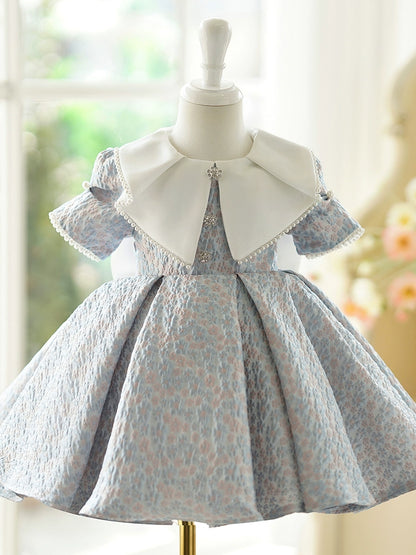 Princess Dusty Blue Satin Back Zip Baptism Beaded Tea Length Short Sleeve Puff Sleeve Collared Neck Flower Girl Dress