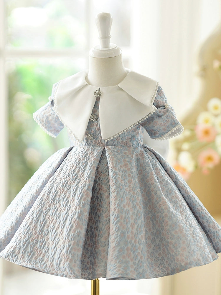 Princess Dusty Blue Satin Back Zip Baptism Beaded Tea Length Short Sleeve Puff Sleeve Collared Neck Flower Girl Dress