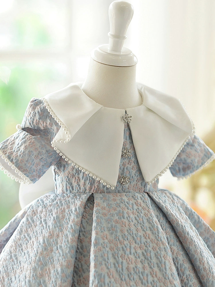 Princess Dusty Blue Satin Back Zip Baptism Beaded Tea Length Short Sleeve Puff Sleeve Collared Neck Flower Girl Dress