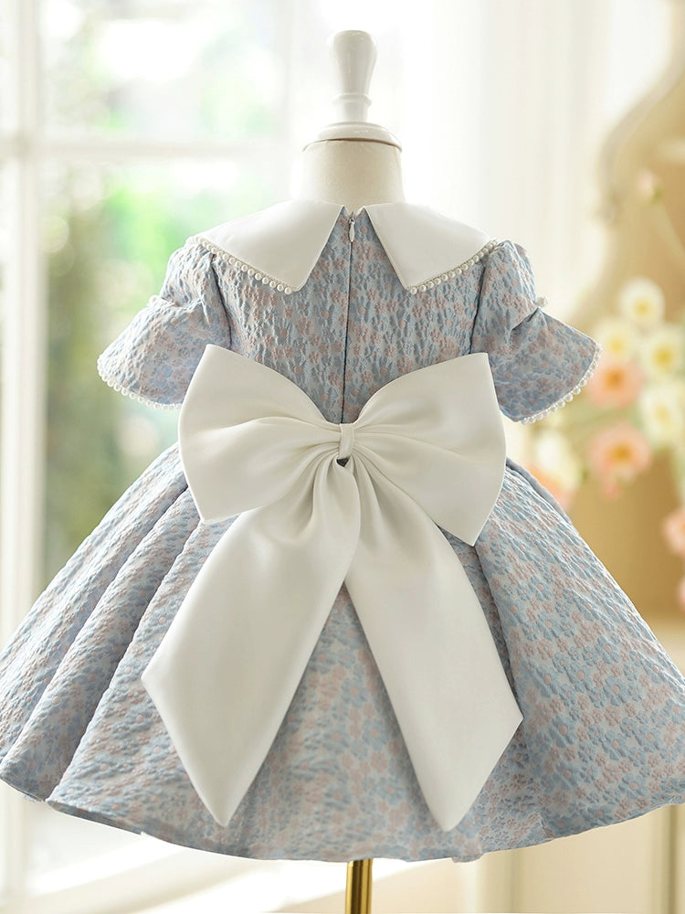 Princess Dusty Blue Satin Back Zip Baptism Beaded Tea Length Short Sleeve Puff Sleeve Collared Neck Flower Girl Dress