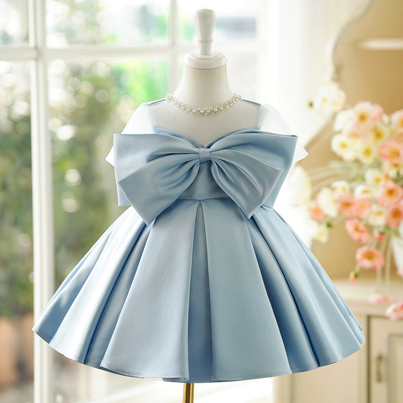 Princess Dusty Blue Satin Back Zip Baptism Bow(s) Tea Length Short Sleeve Jewel Neck Flower Girl Dress