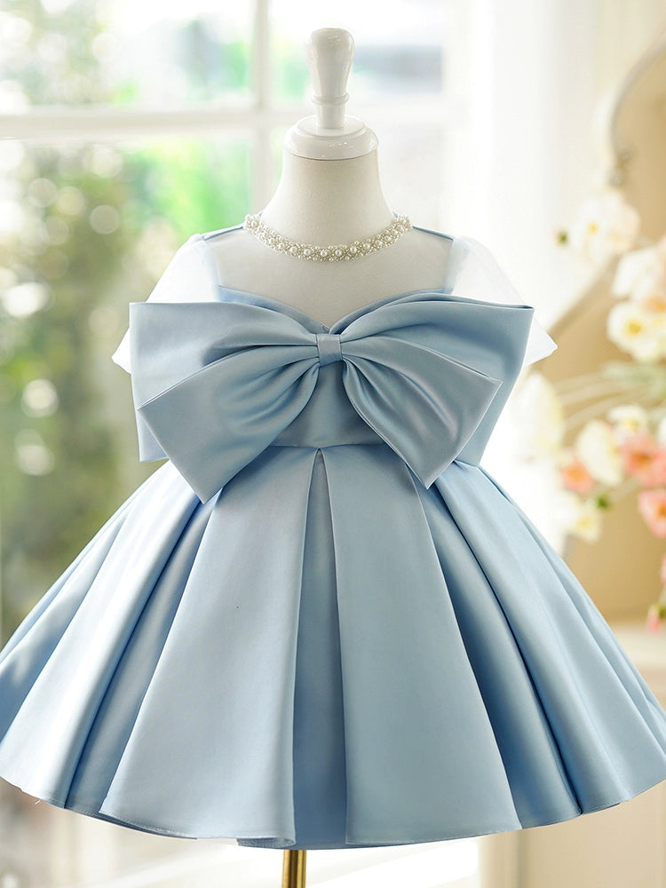 Princess Dusty Blue Satin Back Zip Baptism Bow(s) Tea Length Short Sleeve Jewel Neck Flower Girl Dress