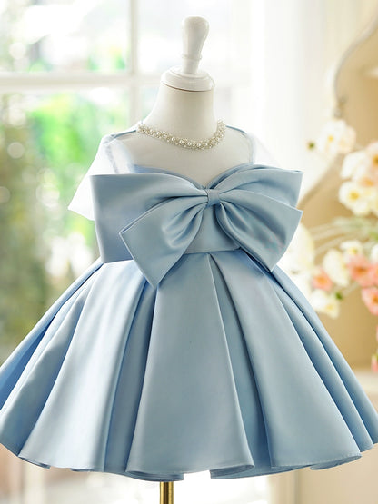 Princess Dusty Blue Satin Back Zip Baptism Bow(s) Tea Length Short Sleeve Jewel Neck Flower Girl Dress