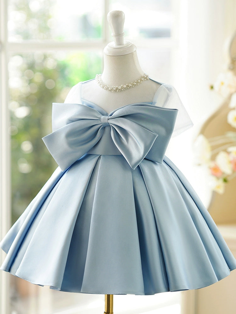 Princess Dusty Blue Satin Back Zip Baptism Bow(s) Tea Length Short Sleeve Jewel Neck Flower Girl Dress