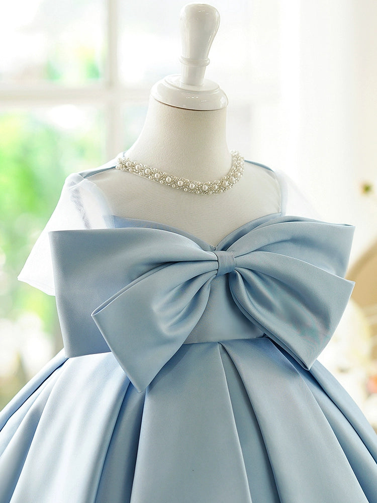 Princess Dusty Blue Satin Back Zip Baptism Bow(s) Tea Length Short Sleeve Jewel Neck Flower Girl Dress