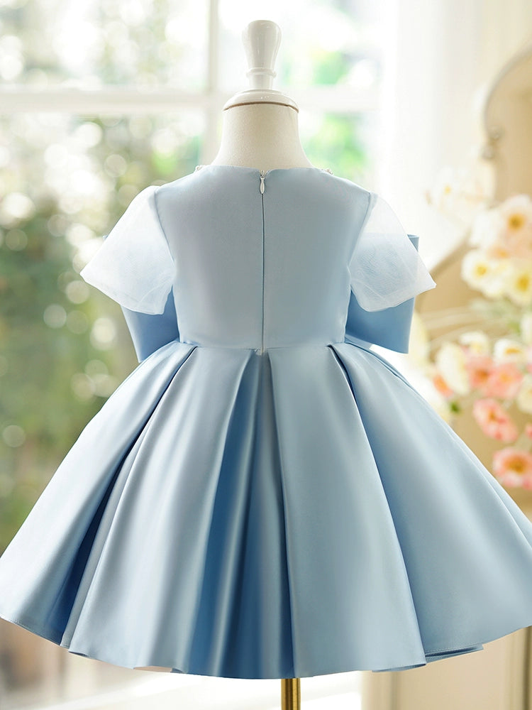 Princess Dusty Blue Satin Back Zip Baptism Bow(s) Tea Length Short Sleeve Jewel Neck Flower Girl Dress