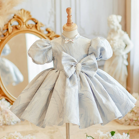 Princess Dusty Blue Satin Back Zip Baptism Bow(s) Tea Length Short Sleeve Puff Sleeve Mock Neck Flower Girl Dress