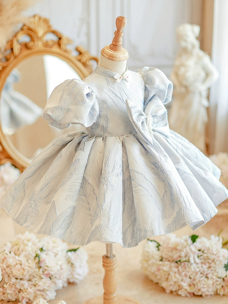 Princess Dusty Blue Satin Back Zip Baptism Bow(s) Tea Length Short Sleeve Puff Sleeve Mock Neck Flower Girl Dress