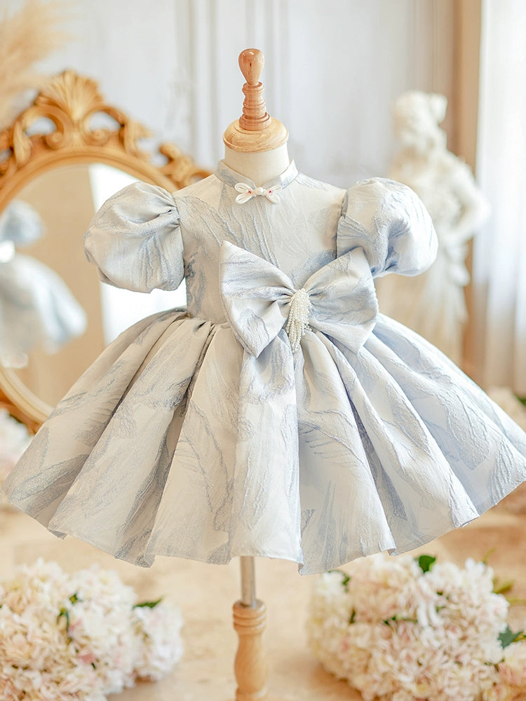 Princess Dusty Blue Satin Back Zip Baptism Bow(s) Tea Length Short Sleeve Puff Sleeve Mock Neck Flower Girl Dress