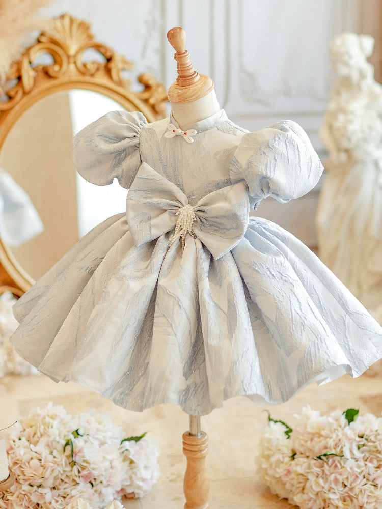 Princess Dusty Blue Satin Back Zip Baptism Bow(s) Tea Length Short Sleeve Puff Sleeve Mock Neck Flower Girl Dress