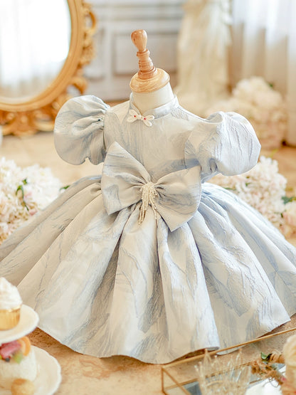 Princess Dusty Blue Satin Back Zip Baptism Bow(s) Tea Length Short Sleeve Puff Sleeve Mock Neck Flower Girl Dress