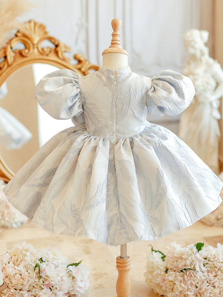 Princess Dusty Blue Satin Back Zip Baptism Bow(s) Tea Length Short Sleeve Puff Sleeve Mock Neck Flower Girl Dress