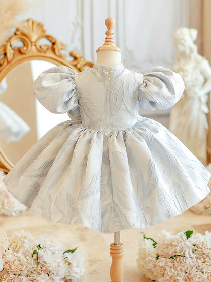 Princess Dusty Blue Satin Back Zip Baptism Bow(s) Tea Length Short Sleeve Puff Sleeve Mock Neck Flower Girl Dress