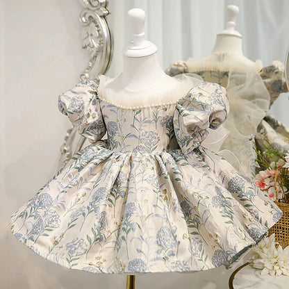 Princess Dusty Blue Satin Back Zip Baptism Flower(s) Tea Length Short Sleeve Puff Sleeve Round Flower Girl Dress